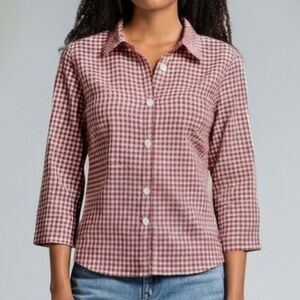 Nina Mclemore Seersucker Red Gingham Plaid Button-Up Blouse  Women Size Medium